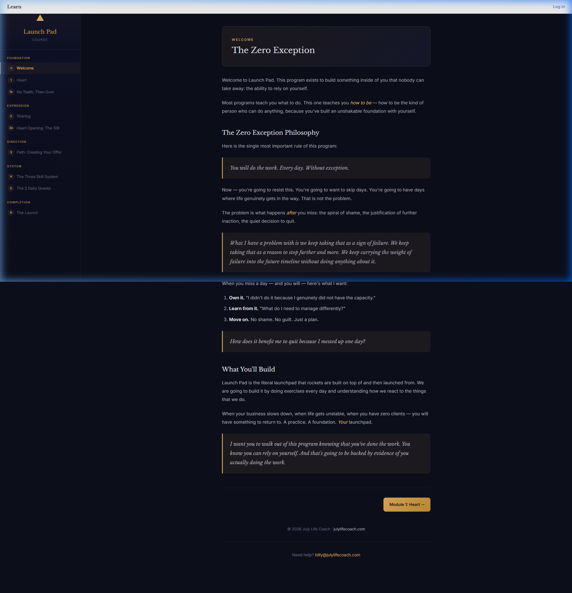 Launch Pad course interface showing sidebar navigation and Module 0: The Zero Exception