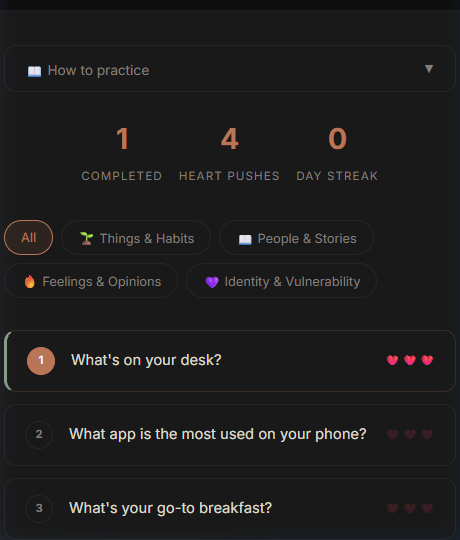 Heart Opening writing tool interface showing guided prompts