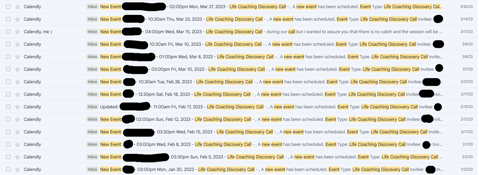 Calendly inbox showing 16 coaching discovery calls booked from Reddit in January through March 2023