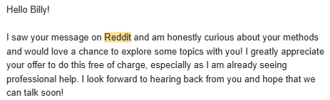 Coaching inquiry from Reddit expressing curiosity about coaching methods