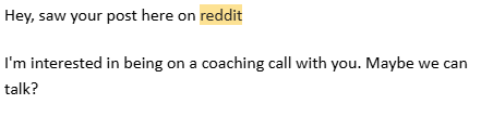 Short coaching inquiry from Reddit asking for a call