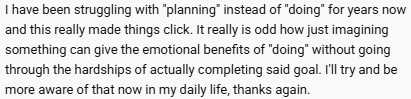 Testimonial: I have been struggling with planning instead of doing and this really made things click